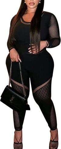 Women's Sexy Mesh One Piece Jumpsuit High Stretch Rave Long Sleeves Clubwear Bodysuit Party Night Outfits in Saudi Arabia