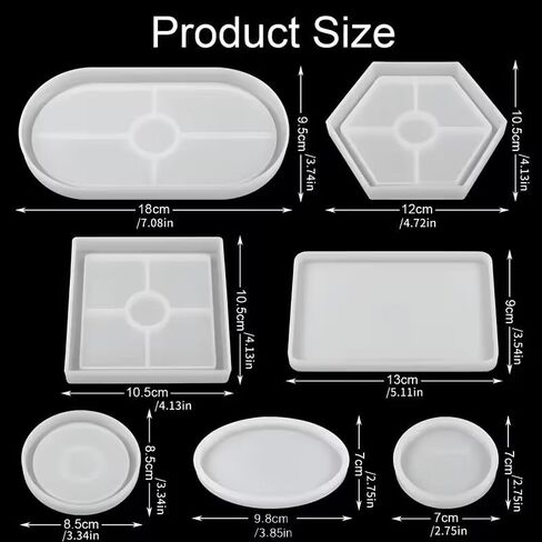 7pcs Tray Silicone Mold Tray Set, Gypsum Mold, Resin Casting Silicone, Coaster Tea Production, Crystal Dropper Set Oval, Circular, Rectangular, Square, Hexagonal in Kuwait