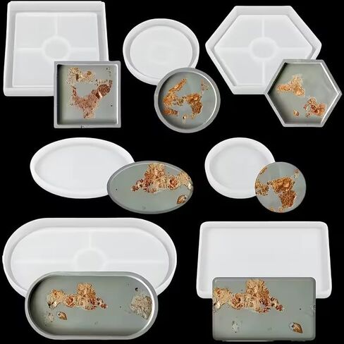 7pcs Tray Silicone Mold Tray Set, Gypsum Mold, Resin Casting Silicone, Coaster Tea Production, Crystal Dropper Set Oval, Circular, Rectangular, Square, Hexagonal in Kuwait