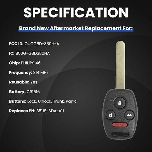 4-Button Remote Head Key/Compatible with Honda Accord Element 2003-2010 4-Button Remote Head Key / OUCG8D-380H-A (AFTERMARKET) in Saudi Arabia