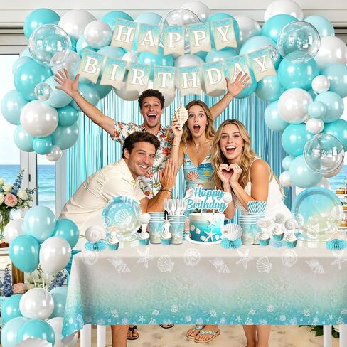 cocomigo 299pcs Beach Birthday Party Decorations Serves 25 Guests, Worry-free One-stop Set, with Balloons Arch, Banner Thick Plates and Cupcake Toppers, Easy Setup for Ocean-Themed Party in Kuwait