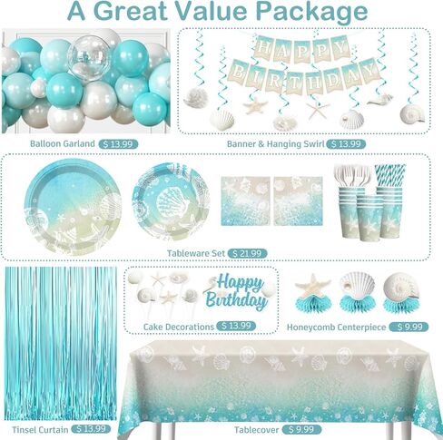 cocomigo 299pcs Beach Birthday Party Decorations Serves 25 Guests, Worry-free One-stop Set, with Balloons Arch, Banner Thick Plates and Cupcake Toppers, Easy Setup for Ocean-Themed Party in Kuwait