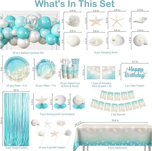 cocomigo 299pcs Beach Birthday Party Decorations Serves 25 Guests, Worry-free One-stop Set, with Balloons Arch, Banner Thick Plates and Cupcake Toppers, Easy Setup for Ocean-Themed Party in Kuwait