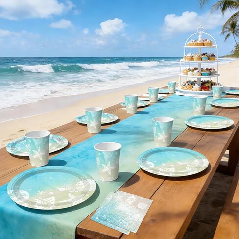 cocomigo 299pcs Beach Birthday Party Decorations Serves 25 Guests, Worry-free One-stop Set, with Balloons Arch, Banner Thick Plates and Cupcake Toppers, Easy Setup for Ocean-Themed Party in Kuwait