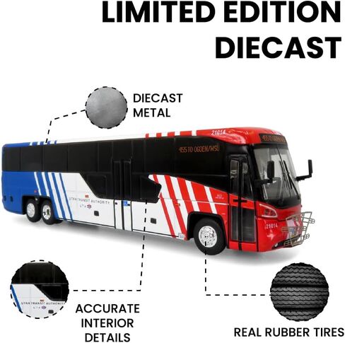MCI D45 CRT LE Coach - Utah Transit Authority (UTA) (Red/White/Blue) - Route: 455 to Ogden/WSU - 1:87 (HO) Diecast Bus by Iconic Replicas - Limited Edition of 504 in Kuwait