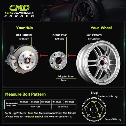 Customadeonly 5x115 to 5x114.3 Wheel Adapters (2pcs 20mm Thick) Center Bore 74mm, M12x1.5 Studs, Enable 5x115 Hub to Mount 5x114.3 Wheels 5x4.52 to 5x4.5 -Trimming Factory Studs May Required in Kuwait