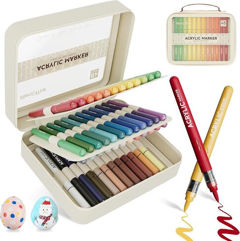 MemOffice Direct Liquid Acrylic Paint Markers, 48 Colors Brush Tip Pens with Carrying Case, No Bleed, Waterproof, for Rock, Wood, Canvas, Glass, Fabric, DIY Crafts for Adults in Saudi Arabia