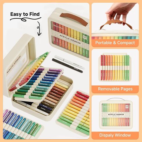 MemOffice Direct Liquid Acrylic Paint Markers, 48 Colors Brush Tip Pens with Carrying Case, No Bleed, Waterproof, for Rock, Wood, Canvas, Glass, Fabric, DIY Crafts for Adults in Saudi Arabia