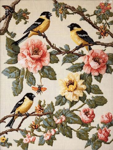 EZDNKPI DIY Cross Stitch Kit for Beginners Goldfinches Bees and Flowers 11CT Embroidery Kit with Pattern Stamped Count by Numbers Craft Kit 12x16inch in Kuwait