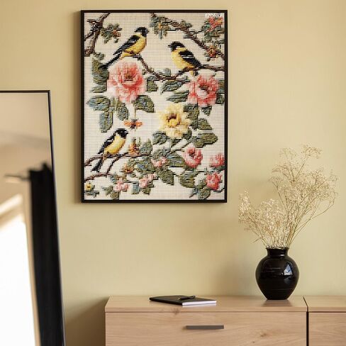 EZDNKPI DIY Cross Stitch Kit for Beginners Goldfinches Bees and Flowers 11CT Embroidery Kit with Pattern Stamped Count by Numbers Craft Kit 12x16inch in Kuwait