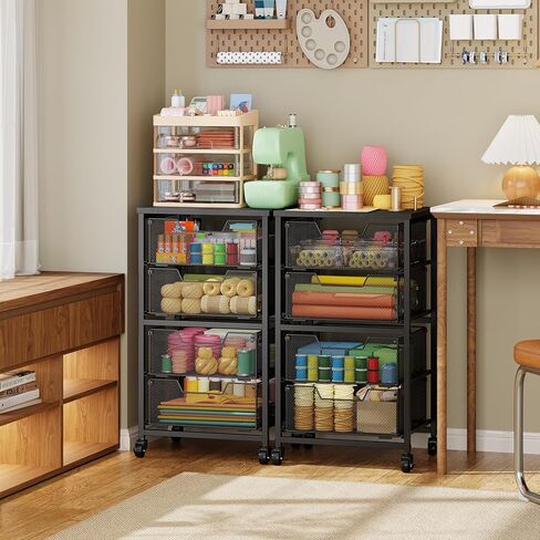 Rolling Cart with Drawers, Utility Storage Cart with Lockable Wheels, Metal snack cart, Under Desk Storage for Office, Kitchen, Craft, and Art Supplies, Black in Saudi Arabia