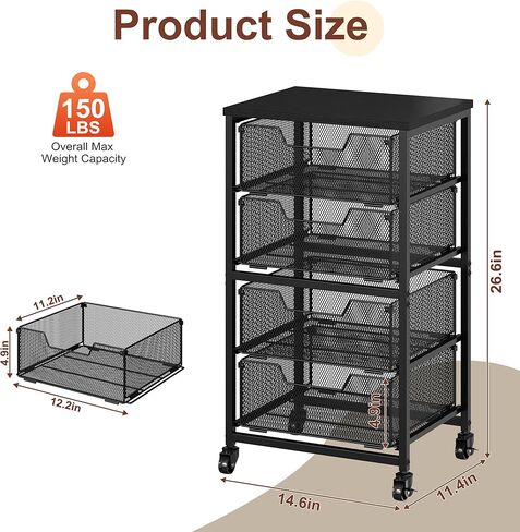 Rolling Cart with Drawers, Utility Storage Cart with Lockable Wheels, Metal snack cart, Under Desk Storage for Office, Kitchen, Craft, and Art Supplies, Black in Saudi Arabia