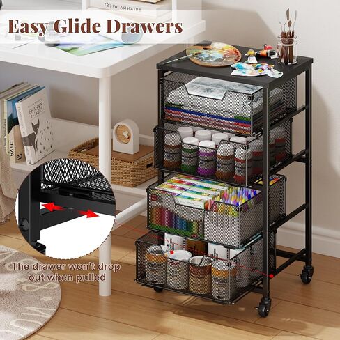 Rolling Cart with Drawers, Utility Storage Cart with Lockable Wheels, Metal snack cart, Under Desk Storage for Office, Kitchen, Craft, and Art Supplies, Black in Saudi Arabia