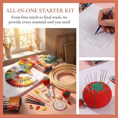 مجموعة تطريز هواكان 204 قطعة، 100 خيط لون، 5 قطع من حلقات التطريز، 3 قطع قماش عايدة، أدوات غرز متقاطعة ومجموعة أدوات التطريز للبالغين والمبتدئين in Kuwait