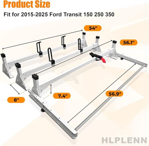 54" Ladder Roof Rack Fit for Ford Transit 150 250 350, 2015-2025 Heavy Duty Ladder Roof Rack with Rear Roller for Cargo Van, 800lbs Load Capacity (3 Crossbars), for Transporting Ladders, Pipes in Saudi Arabia