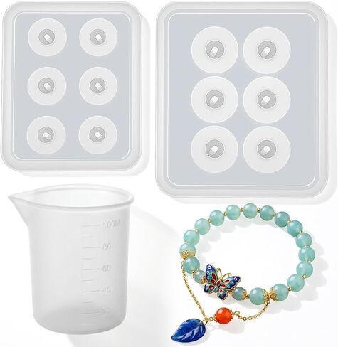 2 Pcs Resin Bead Molds with Hole,6 Cavity Round Beads Mold with 1 Silicone Measuring Cup Rosary Bead Mold for Jewelry Making Epoxy Bracelet Molds Polymer Clay Craft Decoration Supplies in Kuwait
