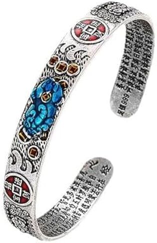 Feng Shui Vintage 999 Sterling Silver Bracelet, Adjustable Pi Xiu Bracelet for Wealth Peace and Protection, Cool Punk Luck Heart Sutra Bangle, Gothic Jewelry Gift for Women and Men in Saudi Arabia