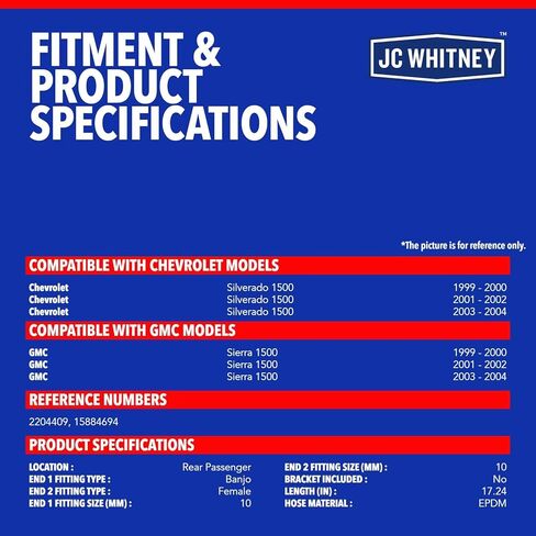 JC Whitney JFBAJCWBHH00093 خرطوم هيدروليكي للفرامل الخلفية اليمنى - متوافق مع شيفروليه سيلفرادو 1500 1999-2004، GMC Sierra 1500 1999-2004 in Kuwait
