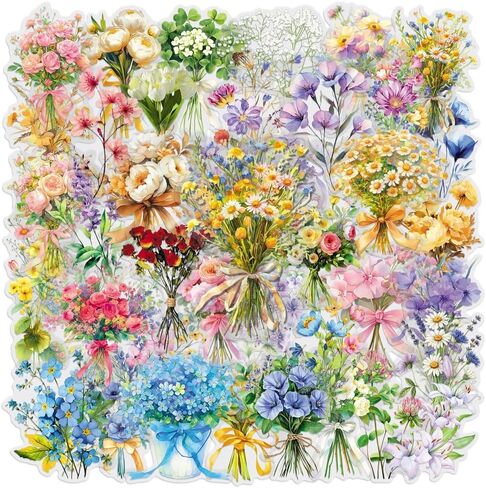 50Pcs Flower Stickers, Transparent Nature Floral Stickers for Adult, Scrapbook Supplies for Journaling Card Making DIY, Waterproof Sticker for Water Bottle Letters Decoration in Kuwait