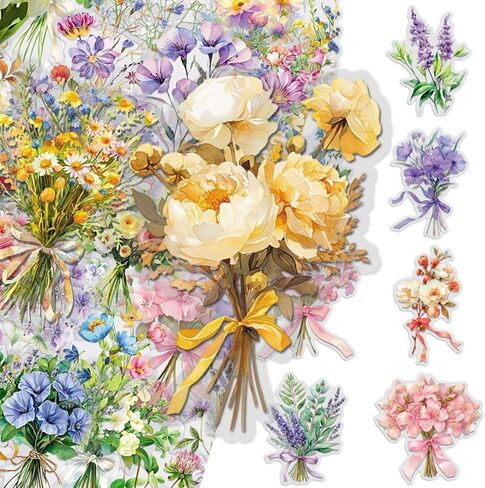 50Pcs Flower Stickers, Transparent Nature Floral Stickers for Adult, Scrapbook Supplies for Journaling Card Making DIY, Waterproof Sticker for Water Bottle Letters Decoration in Kuwait