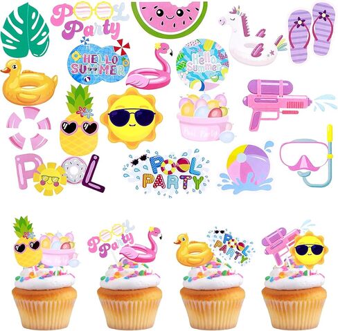 Summer Cupcake Toppers Swimming Pool Cupcake Decoration 36 Pcs Summer Hawaii Themed Cake Picks Pool Party Birthday Decorations Beach Flamingo Cake Toppers for Swimming Tropical Beach Baby Shower Party in Kuwait