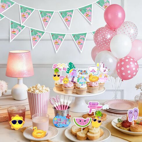 Summer Cupcake Toppers Swimming Pool Cupcake Decoration 36 Pcs Summer Hawaii Themed Cake Picks Pool Party Birthday Decorations Beach Flamingo Cake Toppers for Swimming Tropical Beach Baby Shower Party in Kuwait