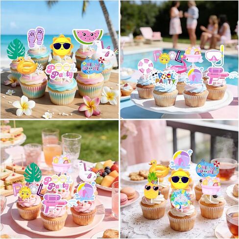 Summer Cupcake Toppers Swimming Pool Cupcake Decoration 36 Pcs Summer Hawaii Themed Cake Picks Pool Party Birthday Decorations Beach Flamingo Cake Toppers for Swimming Tropical Beach Baby Shower Party in Kuwait