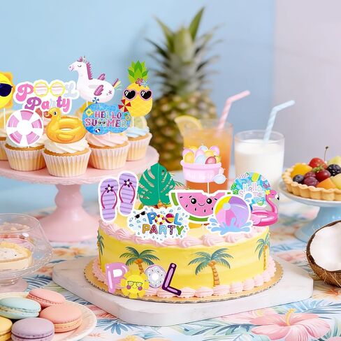 Summer Cupcake Toppers Swimming Pool Cupcake Decoration 36 Pcs Summer Hawaii Themed Cake Picks Pool Party Birthday Decorations Beach Flamingo Cake Toppers for Swimming Tropical Beach Baby Shower Party in Kuwait