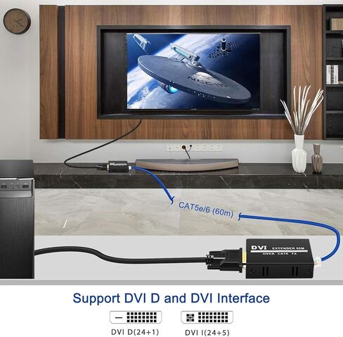 DVI Extender Over Cat5e/6/7 Ethernet Cable up to 196ft with Transmitter and Receiver Repeater Balun DVI Ethernet Adapter Support 1920x1200 HDCP EDID in Saudi Arabia