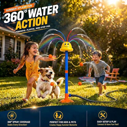 Water Sprinkler for Kids Ages 3-8, Smile Face Rainbow Outdoor Water Toy with 8 Wiggle Tubes and 4 Side Nozzles, Dancing Backyard Lawn Splash Game, Summer Yard Gift for Boys Girls in Saudi Arabia
