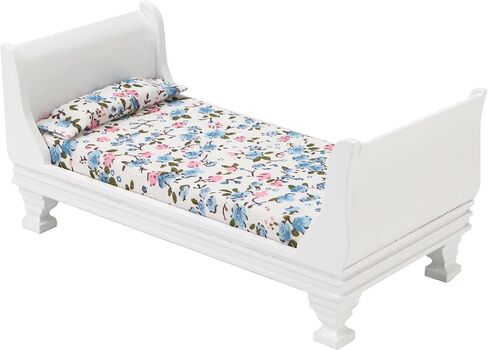 Miniature Dollhouse Bed, 1/12 Scale Single Wooden Bed, Victorian Mini Beds for 6 Inch Dolls, Vintage European Style Tiny Sleigh Bed Furniture with Bedding & Fabric Pillow for Bedroom Decor, White in Kuwait