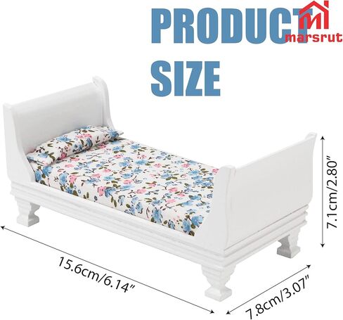 Miniature Dollhouse Bed, 1/12 Scale Single Wooden Bed, Victorian Mini Beds for 6 Inch Dolls, Vintage European Style Tiny Sleigh Bed Furniture with Bedding & Fabric Pillow for Bedroom Decor, White in Kuwait
