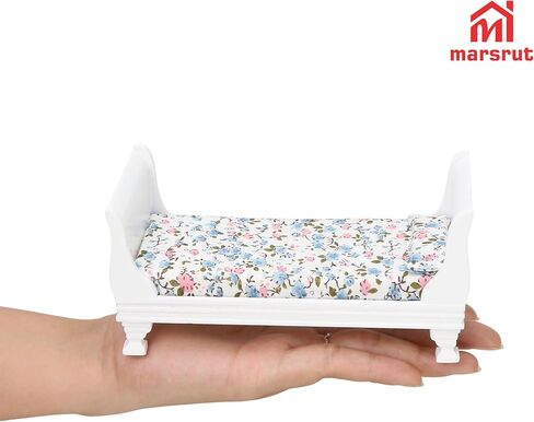 Miniature Dollhouse Bed, 1/12 Scale Single Wooden Bed, Victorian Mini Beds for 6 Inch Dolls, Vintage European Style Tiny Sleigh Bed Furniture with Bedding & Fabric Pillow for Bedroom Decor, White in Kuwait