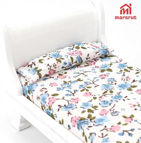 Miniature Dollhouse Bed, 1/12 Scale Single Wooden Bed, Victorian Mini Beds for 6 Inch Dolls, Vintage European Style Tiny Sleigh Bed Furniture with Bedding & Fabric Pillow for Bedroom Decor, White in Kuwait