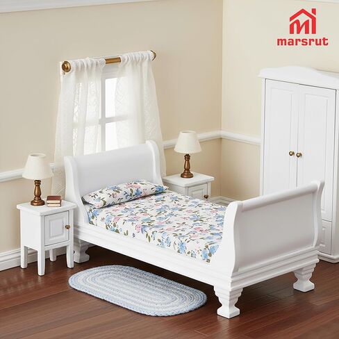 Miniature Dollhouse Bed, 1/12 Scale Single Wooden Bed, Victorian Mini Beds for 6 Inch Dolls, Vintage European Style Tiny Sleigh Bed Furniture with Bedding & Fabric Pillow for Bedroom Decor, White in Kuwait