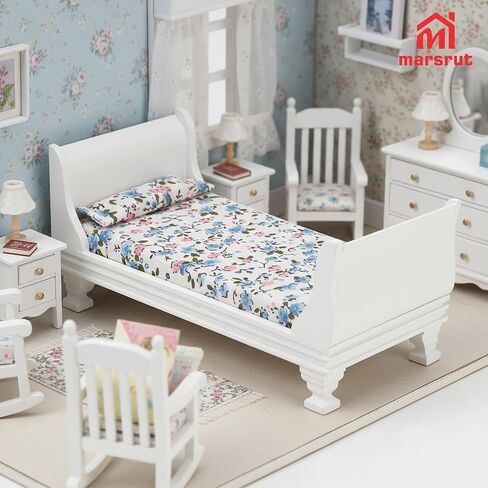 Miniature Dollhouse Bed, 1/12 Scale Single Wooden Bed, Victorian Mini Beds for 6 Inch Dolls, Vintage European Style Tiny Sleigh Bed Furniture with Bedding & Fabric Pillow for Bedroom Decor, White in Kuwait