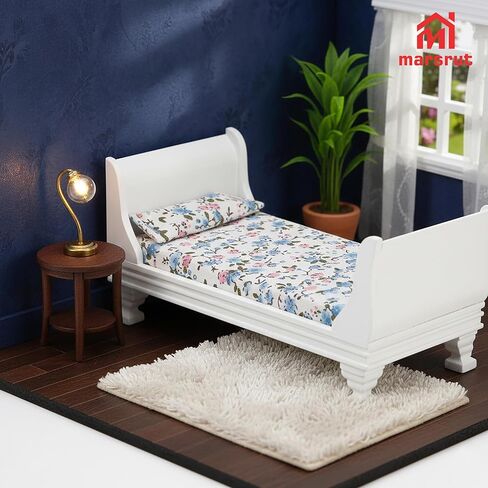 Miniature Dollhouse Bed, 1/12 Scale Single Wooden Bed, Victorian Mini Beds for 6 Inch Dolls, Vintage European Style Tiny Sleigh Bed Furniture with Bedding & Fabric Pillow for Bedroom Decor, White in Kuwait