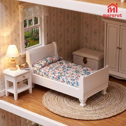 Miniature Dollhouse Bed, 1/12 Scale Single Wooden Bed, Victorian Mini Beds for 6 Inch Dolls, Vintage European Style Tiny Sleigh Bed Furniture with Bedding & Fabric Pillow for Bedroom Decor, White in Kuwait