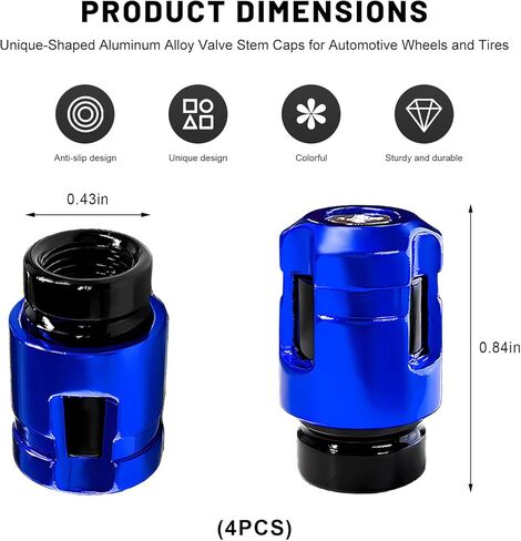 4 PCS Car Tire Valve Stem Caps, Unique Shape Leak-Proof Aluminum Auto Tire Air Caps, Corrosion-Resistant Wheel Valve Dust Covers Exterior Decor for Truck SUV Motorcycle (Blue) in Kuwait