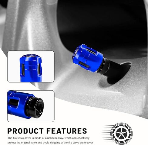 4 PCS Car Tire Valve Stem Caps, Unique Shape Leak-Proof Aluminum Auto Tire Air Caps, Corrosion-Resistant Wheel Valve Dust Covers Exterior Decor for Truck SUV Motorcycle (Blue) in Kuwait