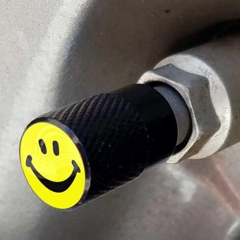 Vivid Black Anodized Billet Aluminum Tire Wheel Valve Stem Dust Caps for Cars Trucks Trailers SUV's RV's Motorcycles Bikes and More (Set of 4) Yellow Happy Smile Face in Saudi Arabia