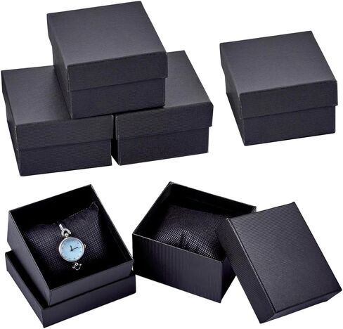 CREATCABIN 6 Pack Kraft Cardboard Watch Box with Removable Pillow Square Black Bracelet Gift Box Small Jewelry Organizer Storage Gift Boxes for Women Men Bangle Wrist Watch Packaging 3.4x3.3x2.2in in Kuwait