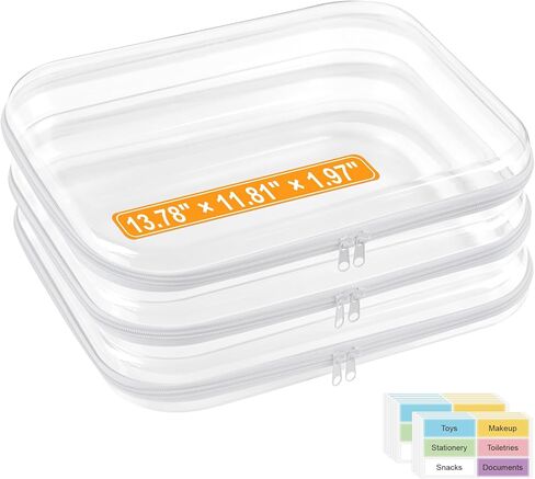 3 Pack Extra Large Clear Hard Shell Zipper Case with Labels, Travel Toiletry Pouch Makeup Organizer, Clear Diaper Bag, Hard Plastic Storage Bins for Board Game Toy Puzzle Stationery, White in Saudi Arabia