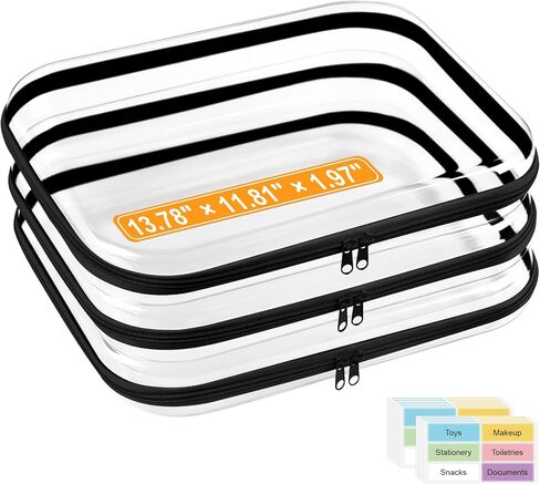 3 Pack Extra Large Clear Hard Shell Zipper Case with Labels, Travel Toiletry Pouch Makeup Organizer, Clear Diaper Bag, Hard Plastic Storage Bins for Board Game Toy Puzzle Stationery, White in Saudi Arabia