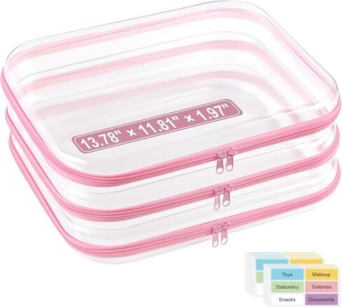 3 Pack Extra Large Clear Hard Shell Zipper Case with Labels, Travel Toiletry Pouch Makeup Organizer, Clear Diaper Bag, Hard Plastic Storage Bins for Board Game Toy Puzzle Stationery, White in Saudi Arabia