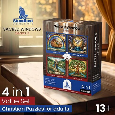 500 pc 4-in-1 Stained Glass Christian Puzzles for Adults, Noah's Ark, Tree of Life, Religious Jigsaw Puzzles, Bible Verse Puzzles for Adults, Scripture Puzzle Set in Saudi Arabia