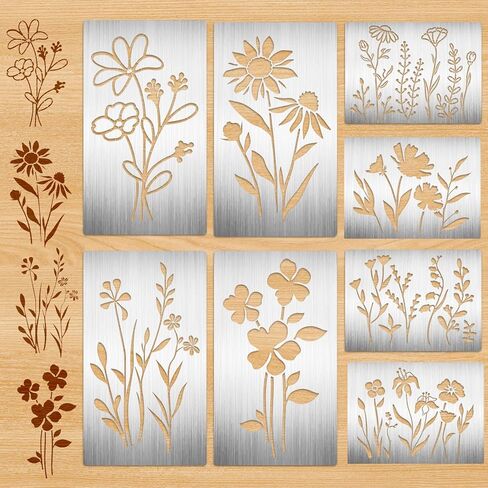 JarThenaAMCS 8Pcs Wildflower Metal Stencils Wood Burning Stencil Reusable Spring Floral Painting Template for Wood Carving Drawing Scrapbooking Craft DIY Canvas Fabric in Kuwait