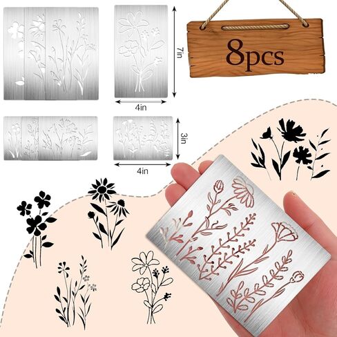 JarThenaAMCS 8Pcs Wildflower Metal Stencils Wood Burning Stencil Reusable Spring Floral Painting Template for Wood Carving Drawing Scrapbooking Craft DIY Canvas Fabric in Kuwait