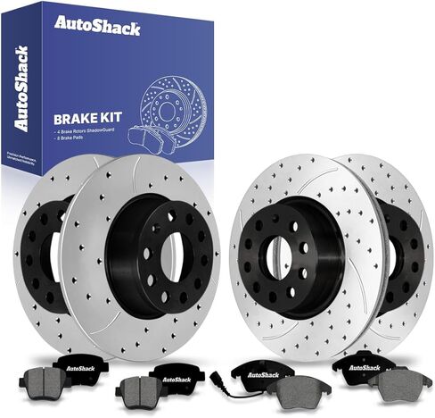 AutoShack Front & Rear Brake Rotors & Premium Pads for Volkswagen, Passat 2012-2015, FWD L4 1.8L 2.0L L5 2.5L V6 3.6L - E-Coated Drilled & Slotted - ShadowGuard in Kuwait