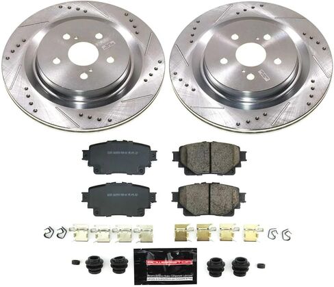 PowerStop Rear Brake Kit for Lexus RX350 2023-24 |RX350h 2023-24 |RX500h 2023-24 |Toyota Highlander 2020-24 - Drilled and Slotted Disc Rotors with Carbon-Fiber Ceramic Brake Pads Replacement, K8773 in Kuwait